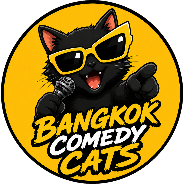 Bangkok Comedy Cats - a black cat in yellow sunglasses holding a microphone